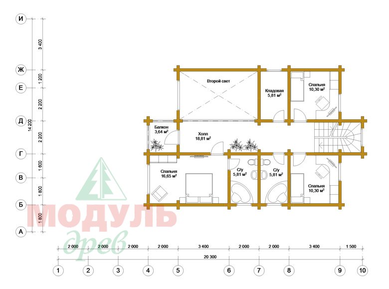 Проект дома из бруса «Октябрьск» - планировка 2